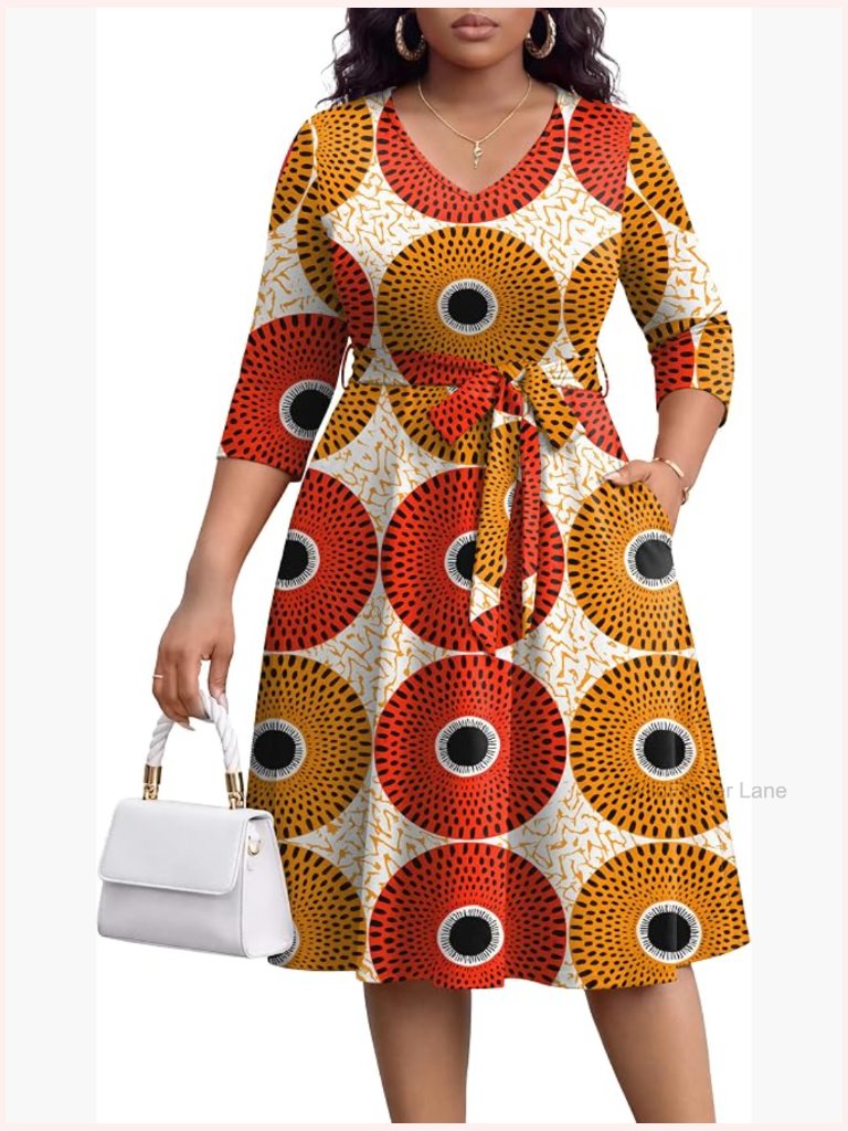 Plus Size Midi Dress V-Neck 3/4 Sleeve A-Line With Pockets